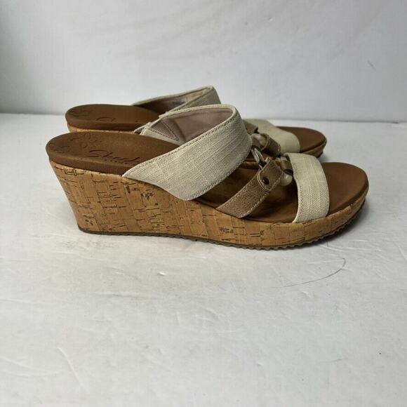 Skechers Sandals Women's 9 Tan Beige Comfort Platform Wedge Slip On Luxe Foam - Picture 5 of 14